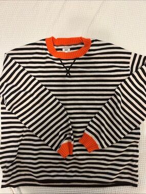 aerie Black & White Striped Crewneck Sweater with Orange Trim